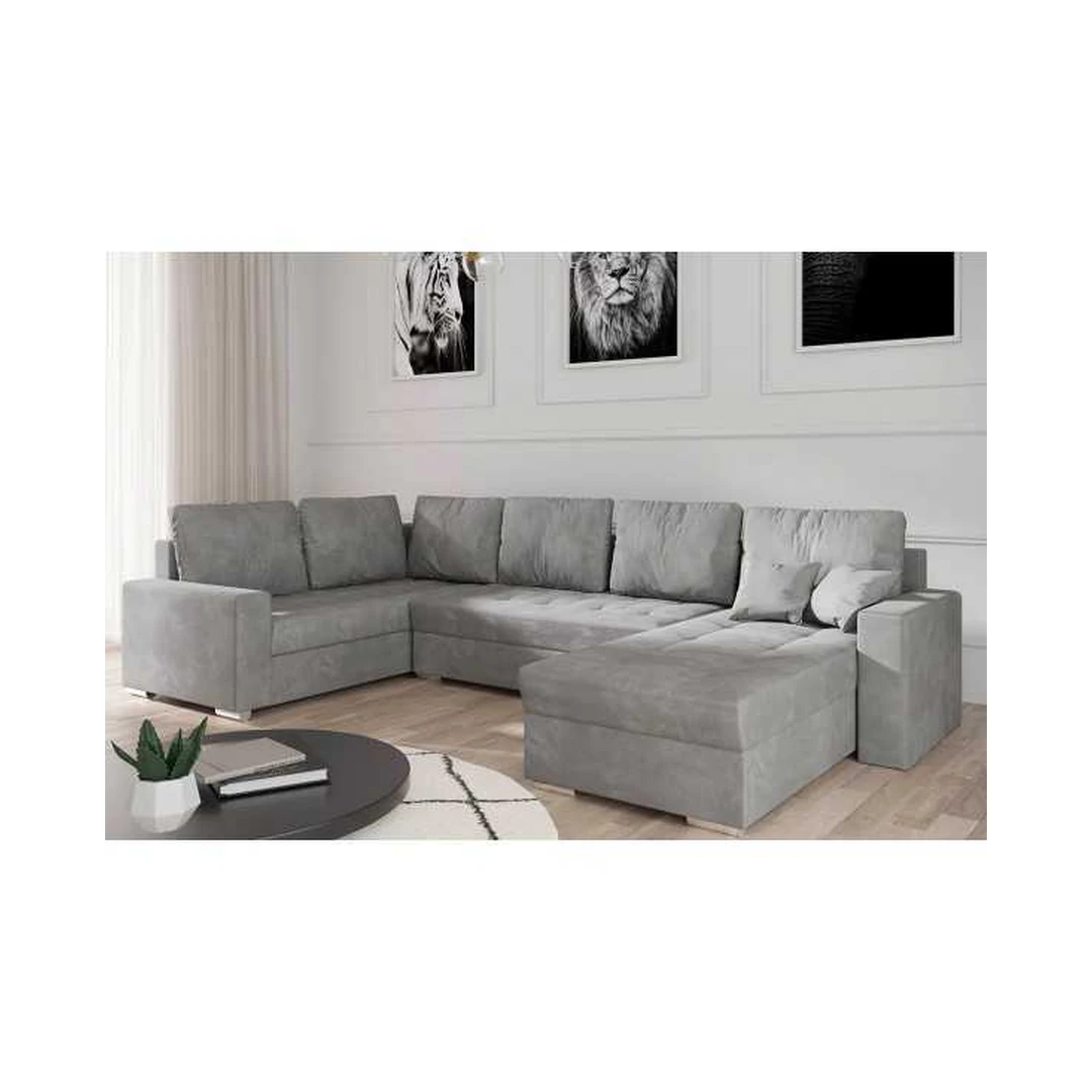 Ergonominė kampinė sofa su miego funkcija ir patalynės konteineriu