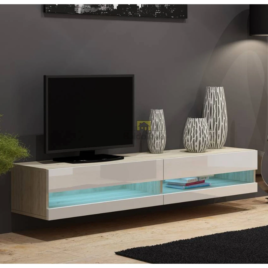 Šviesus ąžuolo ir baltų blizgių fasadų spintelė su apšvietimu