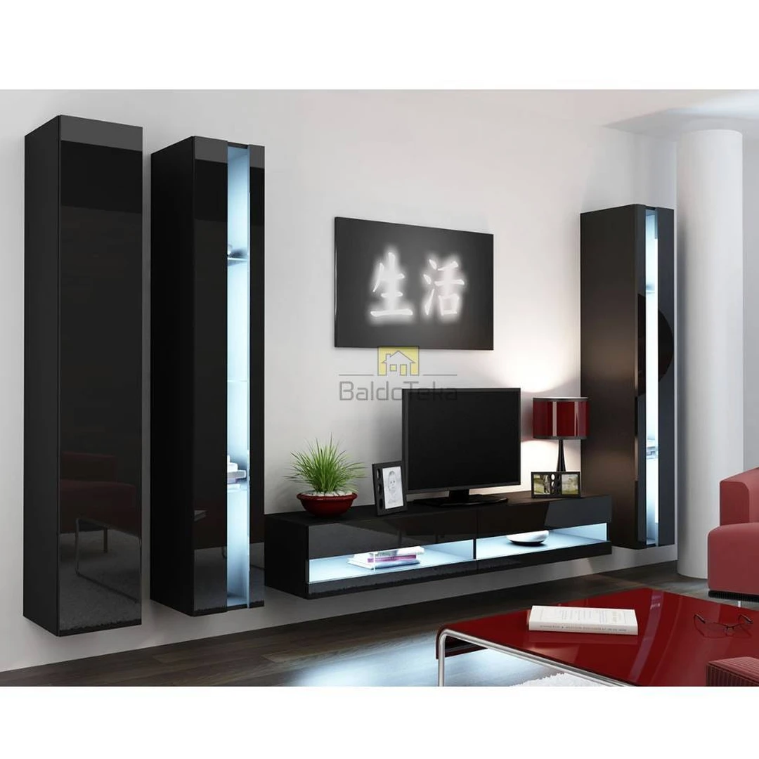 Stilinga juoda spinta su vitrinomis ir TV staliuku