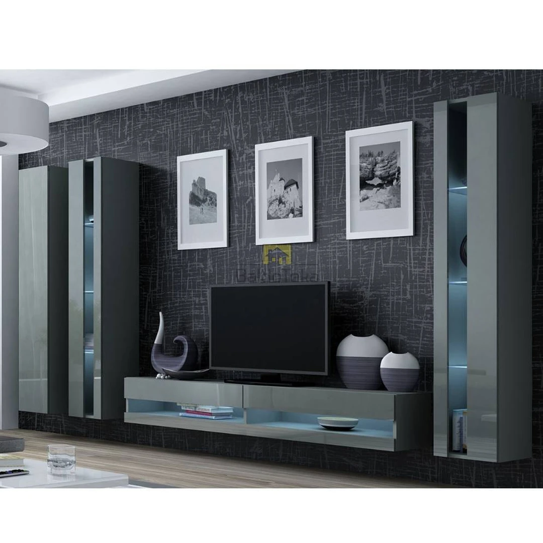 Elegantiška pilka spinta su vitrinomis ir TV staliuku