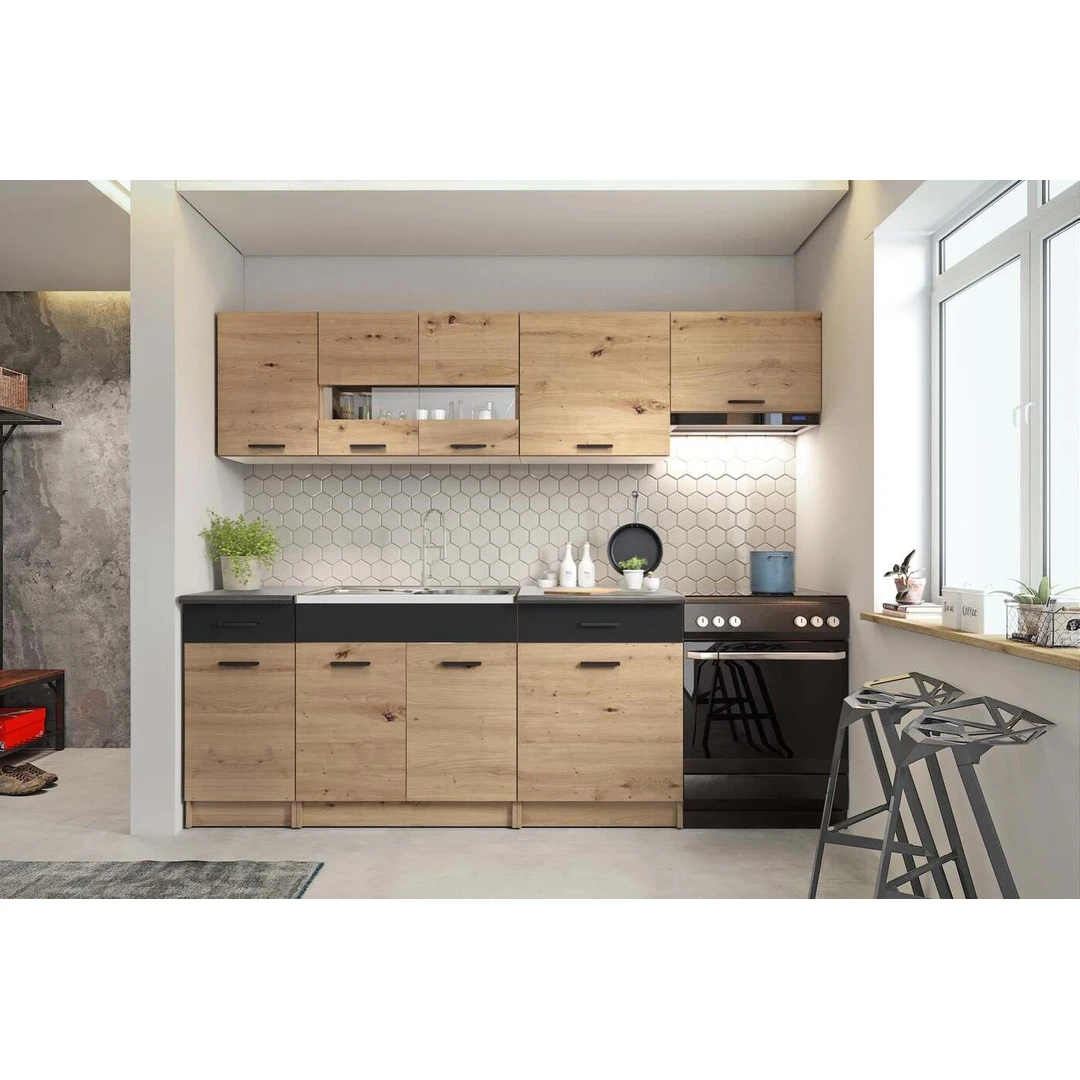 240 cm ilgio virtuvės komplektas su duj. keltuvais ir stalčiais