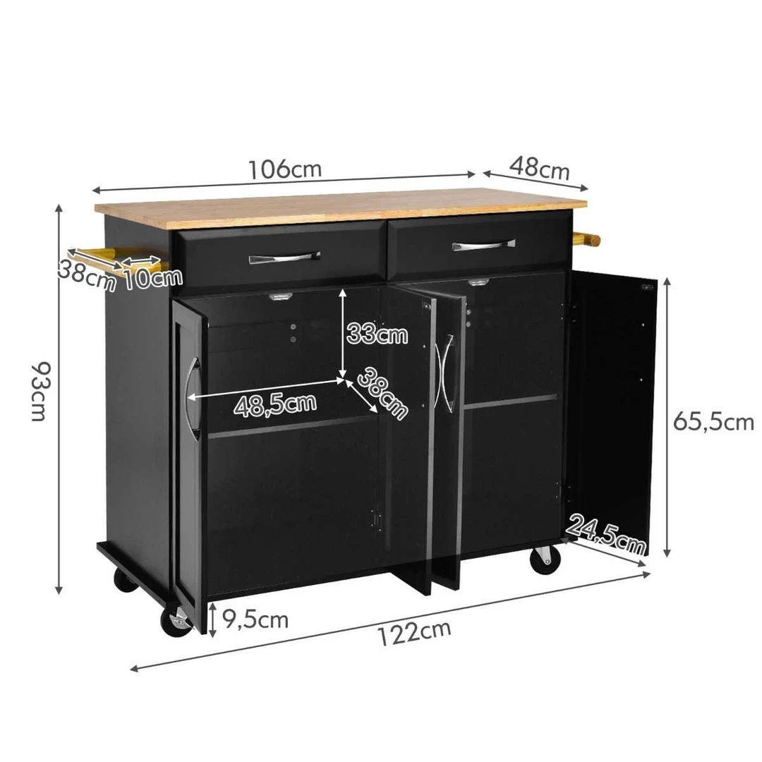 Virtuvės sala ant ratukų juoda/ruda 122cm