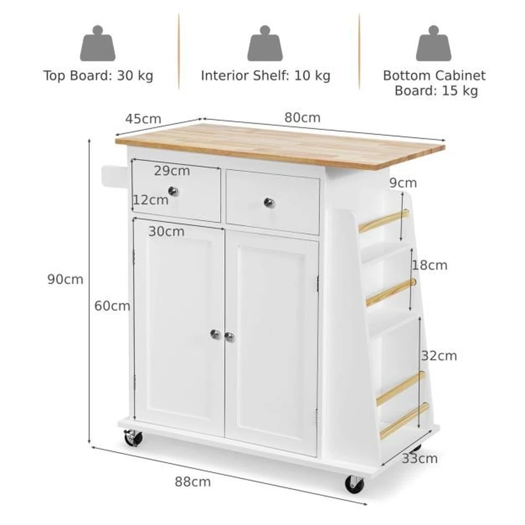 Virtuvės sala ant ratukų 88x45x89,5cm., baltos/šviesiai rudos spalvos - Virtuvės spintelės