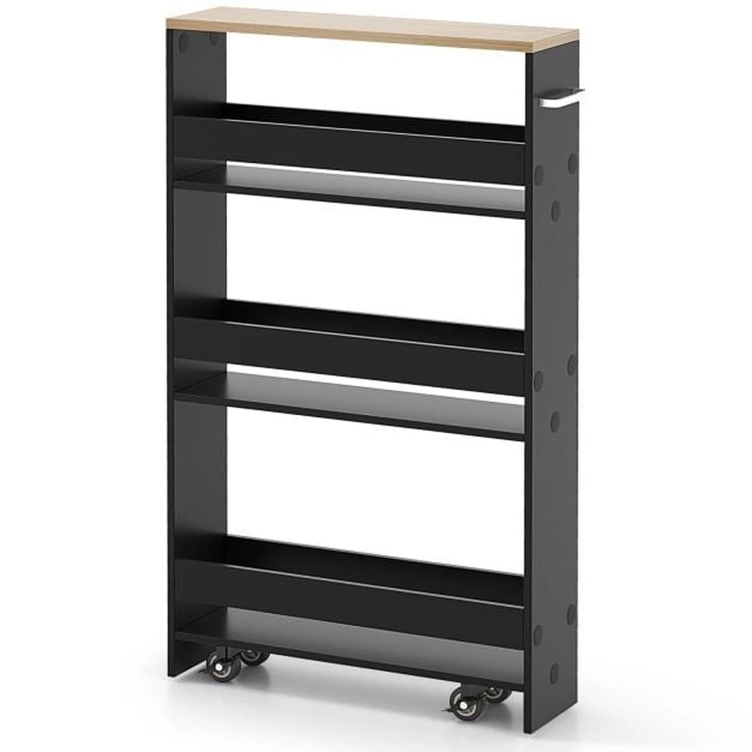 Virtuvės vežimėlis 47,5x13x80,5 cm – juodas/rudasKompaktiškas virtuvės vežimėlis su 4 lentynomisVirtuvės vežimėlis su ratukais ir rankena – juodasD