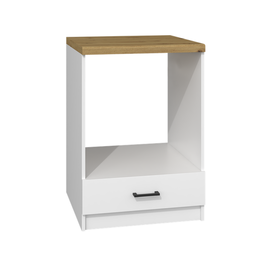 Apatinė spintelė orkaitei – balta matinė, rudo stalviršio