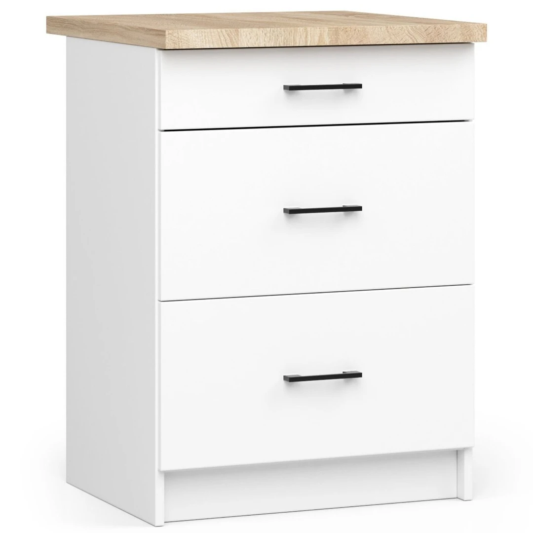 Balta virtuvės spintelė su 3 stalčiais ir ąžuolo viršumi