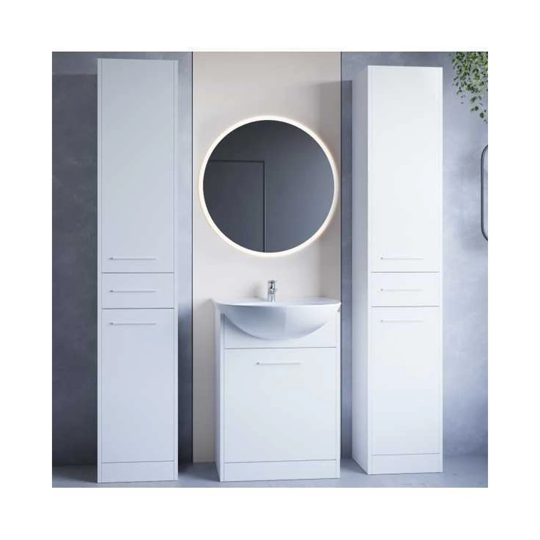 Aukšta spintelė su LED veidrodžiu ir praustuvo spintelė