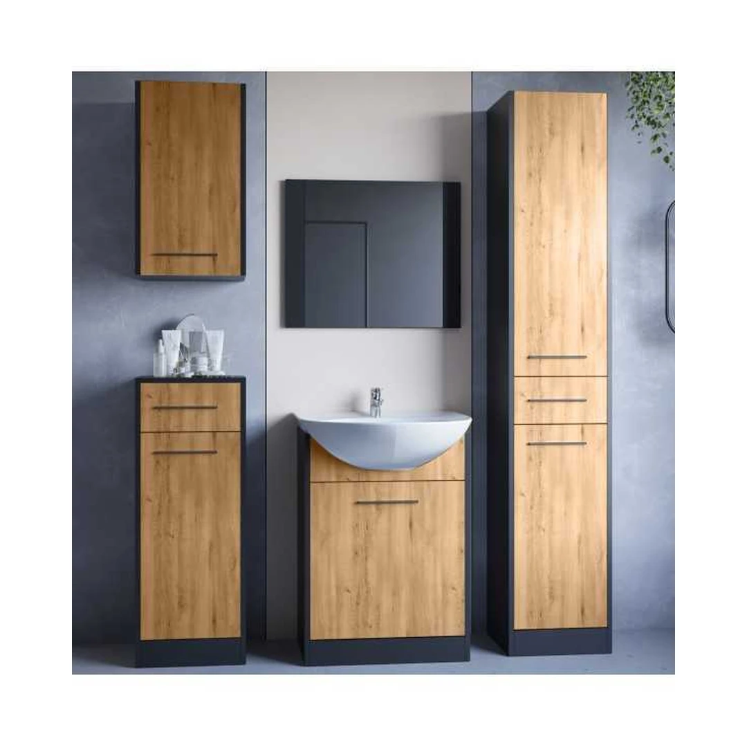 Moderni vonios baldų kolekcija – juoda ir Artisan Oak