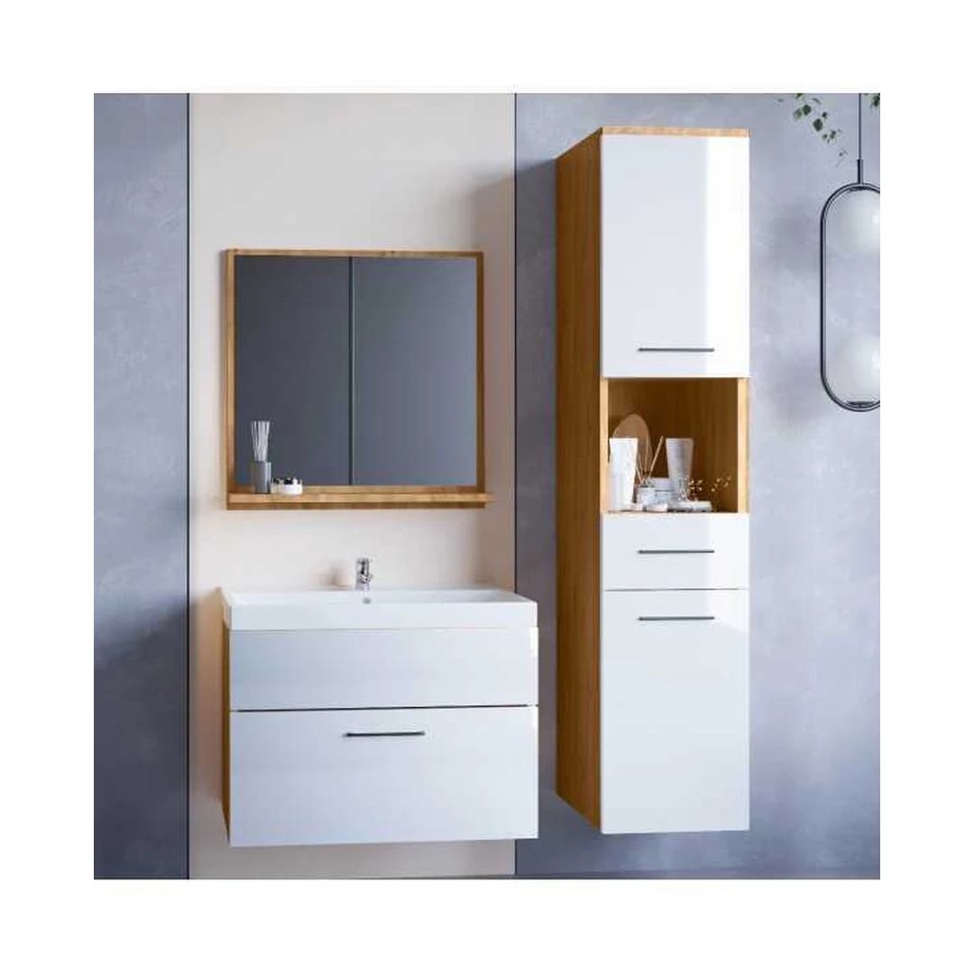 Modernus vonios baldų komplektas su aukštu korpusu ir veidrodžiu