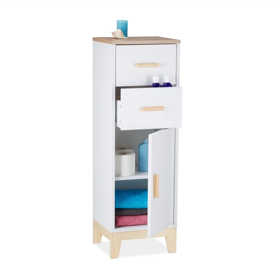 Vonios spintelė Relaxdays, 2 stalčiai, Balta/ruda, 32 × 97,5 × 28 cm - Vonios spintelės