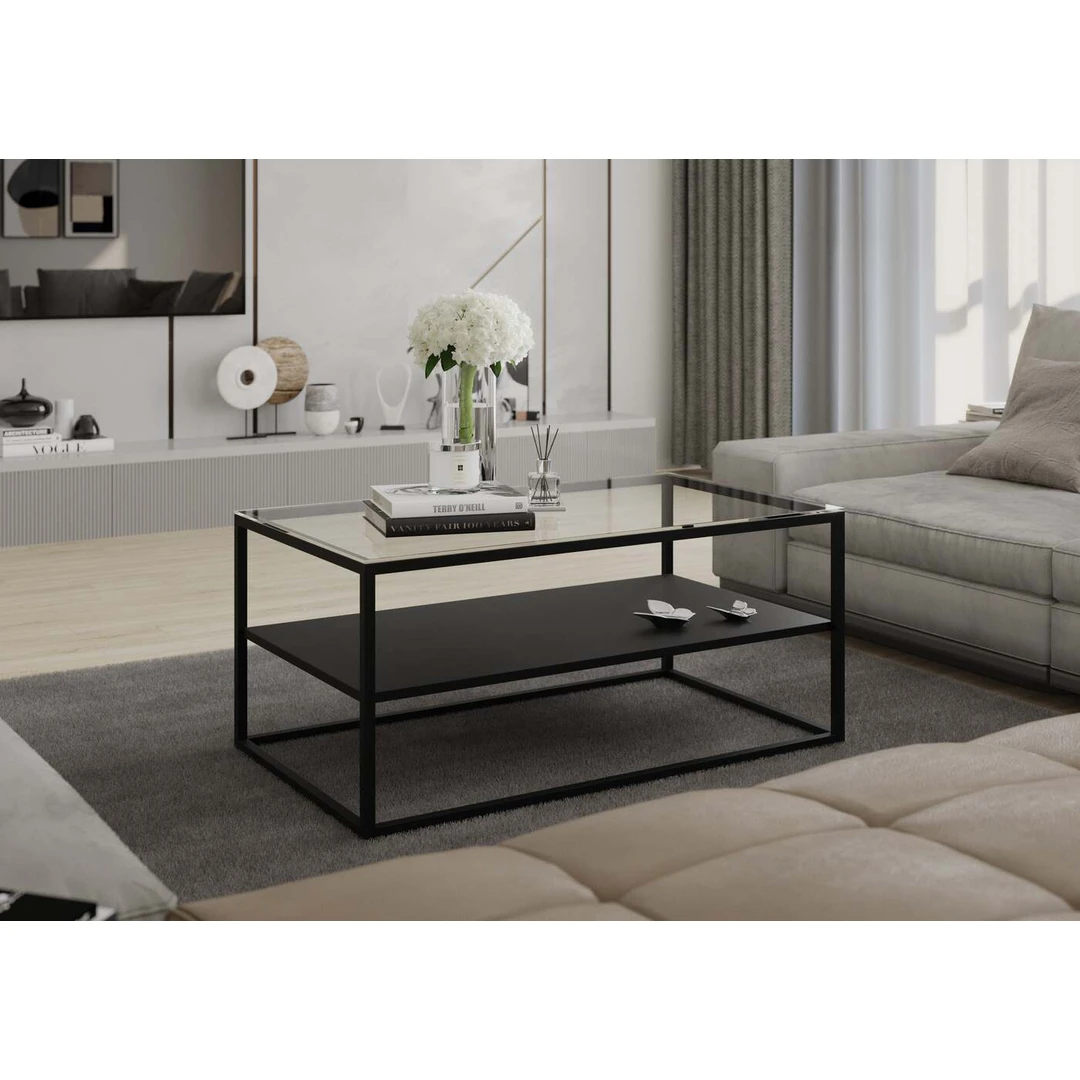 EL4824 – netradicinis stalas su stikliniu stalviršiu ir juodais plieniniais rėmais