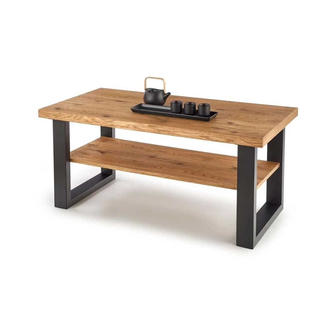 Šviesaus ąžuolo stalviršis su juodomis plieninėmis kojomis