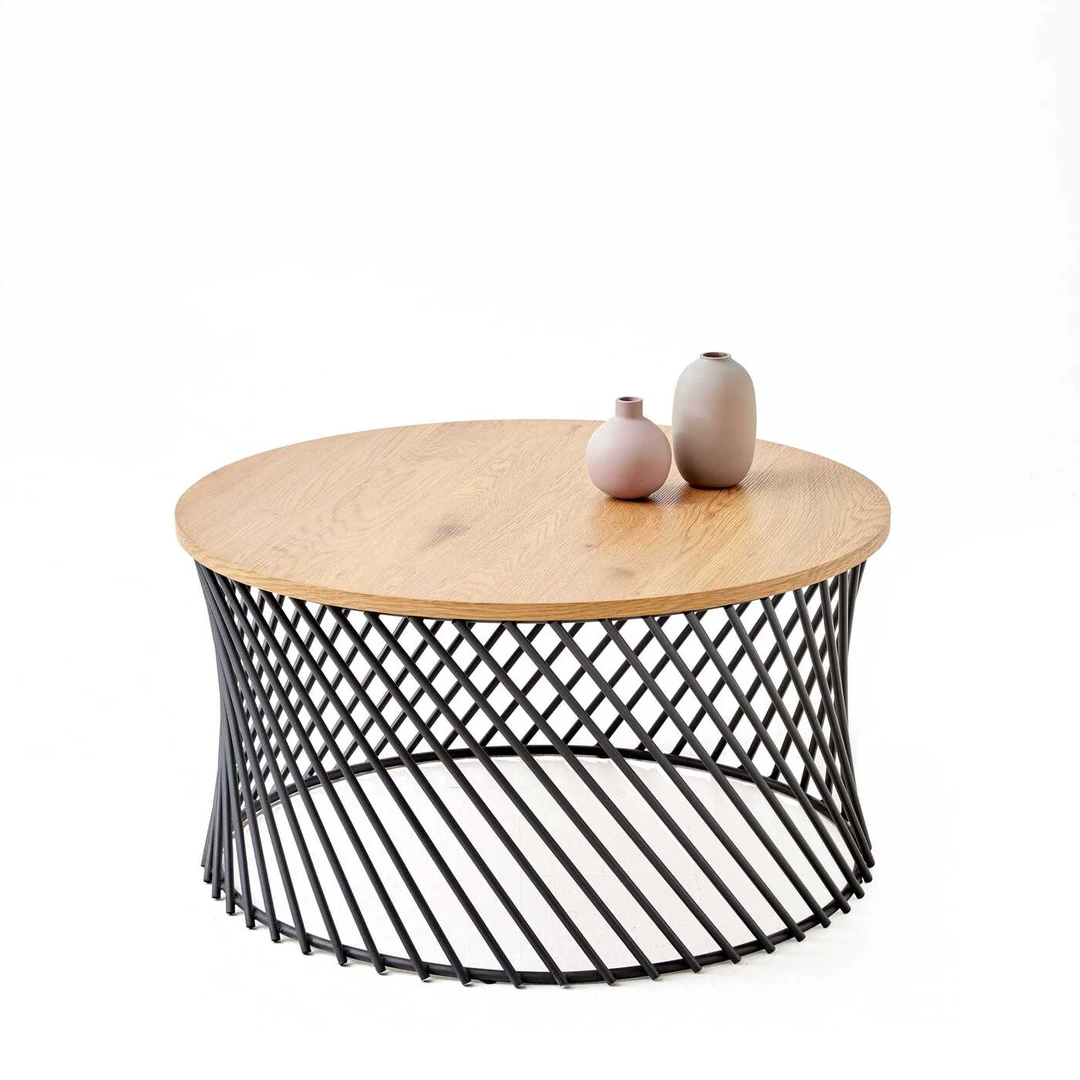 Stylūs auksinio ąžuolo ir juodos spalvos stalas su MDF ir plieno apdaila