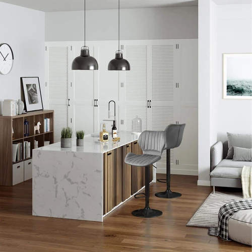 Šviesiai pilkos baro kėdės su automatinio sugrįžimo cilindrais