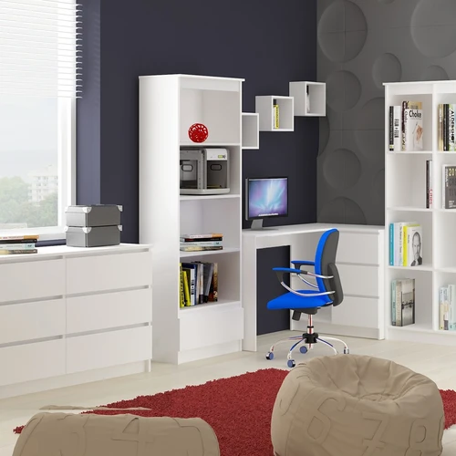 Tvarkingas interjeras su moderniomis baltomis lentynomis