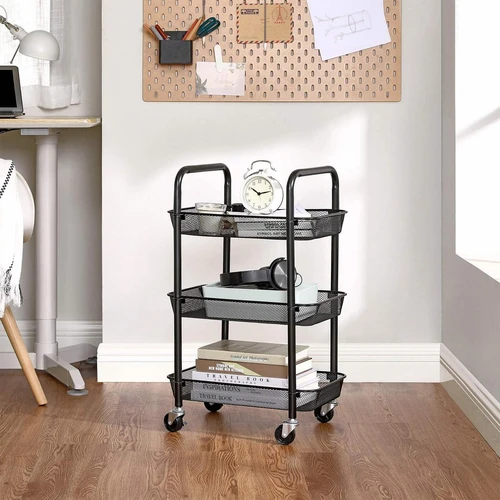 Tvarkinga SONGMICS lentyna su užrakinamais ratais ir vieliniais krepšeliais