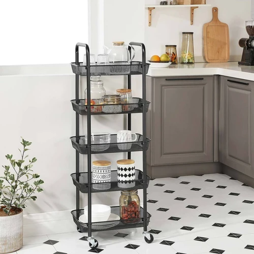 Tvarkinga vonios kambario lentyna su užrakinamais ratais