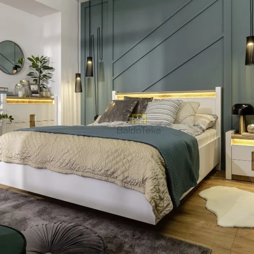 Stilinga lova su LED apšvietimu – balta blizgi/ąžuolas westminster