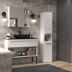 Moderni aukšta vonios spintelė su 2 durelėmis ir atvira lenta