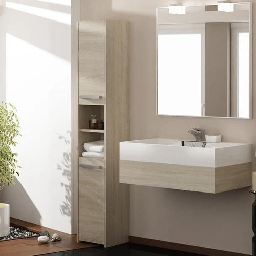 Ąžuolo spalvos vonios spintelė su 2 durelėmis ir 2 skyriais