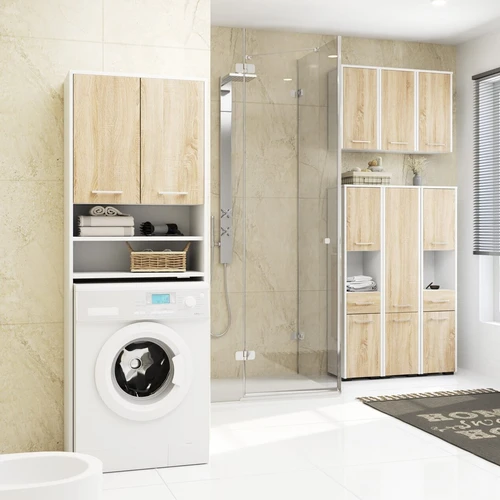 Moderni vonios spintelė su lentyna, stalčiumi ir dviem spintelėmis