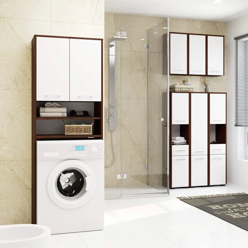 Elegantiška vonios lentyna baltos ir rudos spalvos deriniu