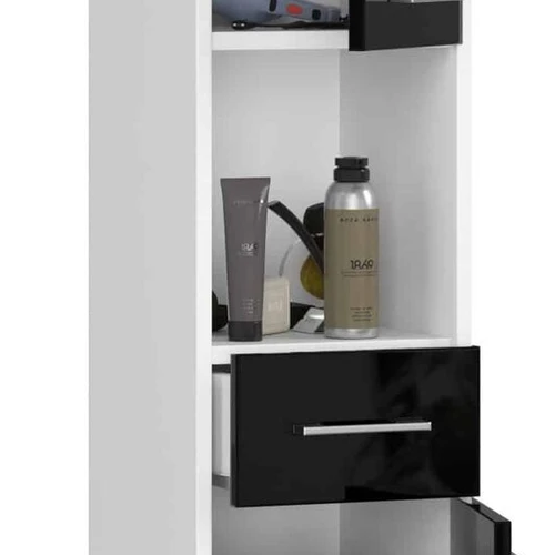 Vonios kambario lentyna su baltu, juodu ir blizgiu deriniu