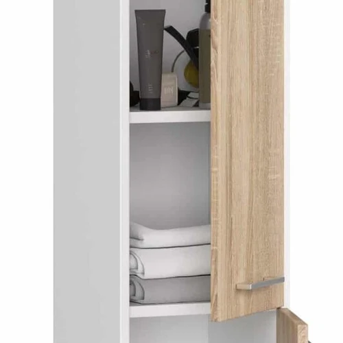 Madingas vonios kambario stulpas baltos ir ąžuolo spalvos deriniu