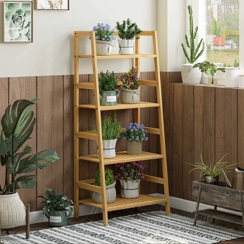 Natūrali bambuko kopėčių lentyna 48x32x110 cm