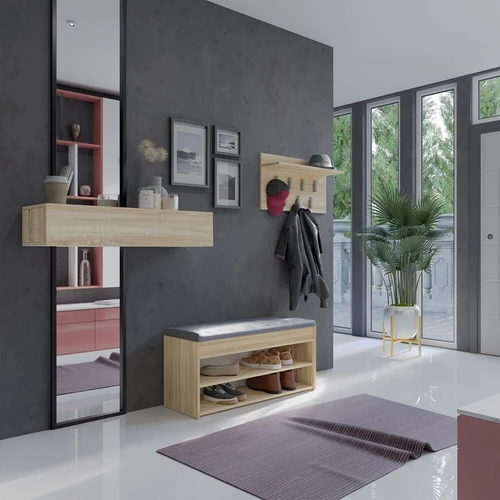 Sonoma ąžuolo batų lentyna su pilku suoliu