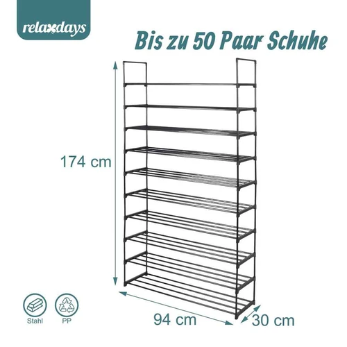 Batų lentyna Relaxdays, 10 lentynų, Juoda, 94 × 174 × 30 cm - Batų dėžės, stovai