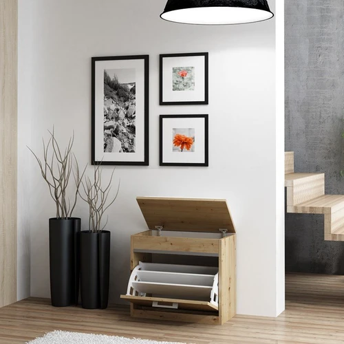 Patogi batų spintelė su atverčiamomis durelėmis ir daiktadėže