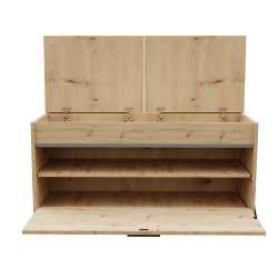 Ruda batų spintelė su baltomis pagalvėlėmis ir aliuminio detalėmis