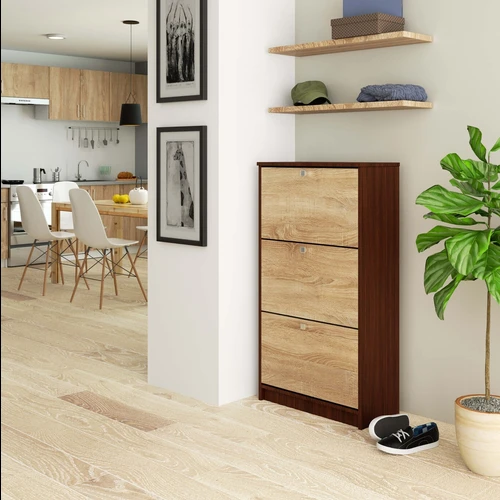 Savarankiškai surenkama spintelė su statino spalvos rankenomis