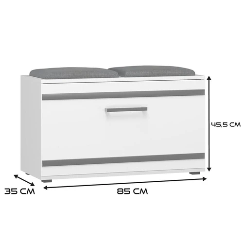 Elegantiška balta batų spintelė su paminkštinta sėdimąja dalimi