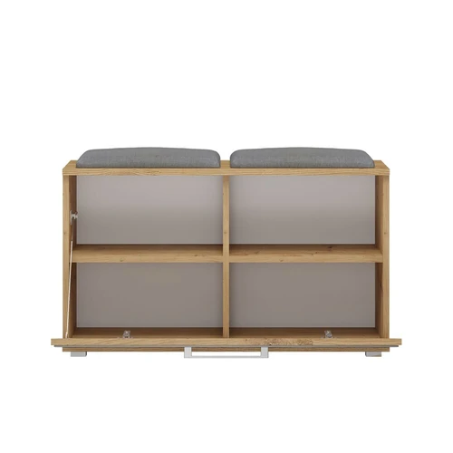 Kompaktiška batų spintelė rudos spalvos su pilkais pagalvėliais