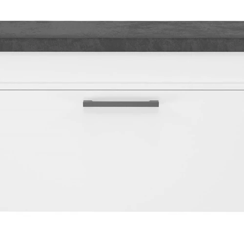 Tvarkinga balta batų spintelė su pilku minkštu suoliu