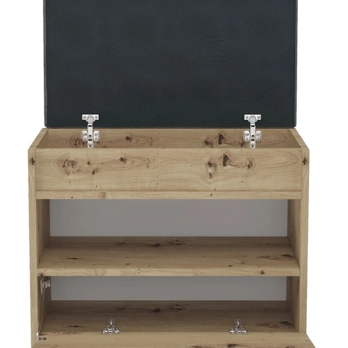 Ruda batų spintelė su pilku minkštu sėdynės suoleliu