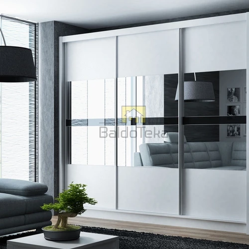 Plati veidrodinė spinta balta matinė su stiklo ir grafito detalėmis