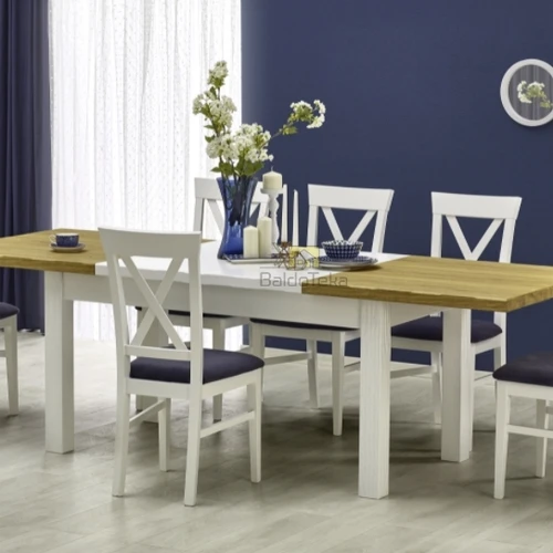 Balta ir tamsiai mėlyna gobeleno kėdė su natūralia medžio tekstūra