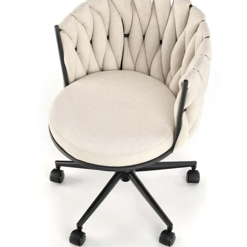 Šviesiai smėlio spalvos sofos lova su reguliuojama atrama