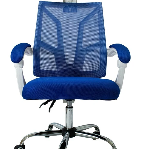 Patogi mėlyna kėdė su porankiais ir chromuota kryžme