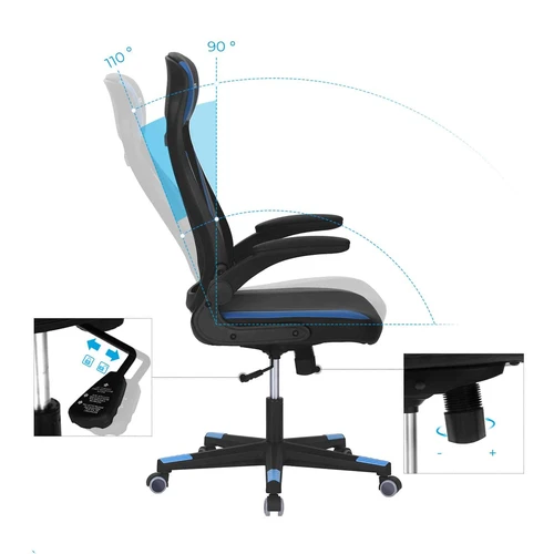 Juodos-mėlynos-tamsiai pilkos spalvos biuro kėdė su nailoniniais ratais