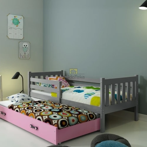 Grafitinės ir rožinės spalvos medinės lovos su poliuretaniniais čiužiniais