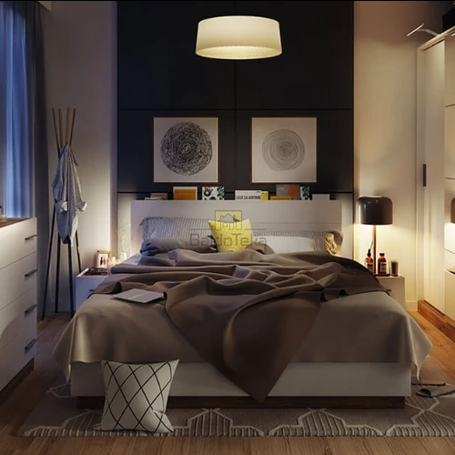 Stilinga balta spinta su ąžuolo elementais ir individualiais stalčių blokais