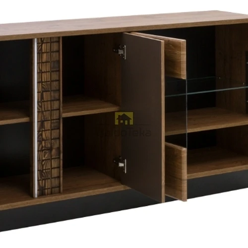 Stilinga ąžuolo ir juodos spintelė su grūdintu stiklu