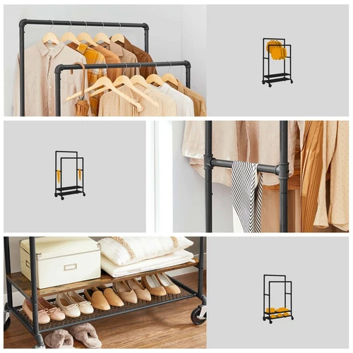 Vintažinė ruda-juoda drabužių kabykla su plieno ir medžio drožlių plokštės konstrukcija