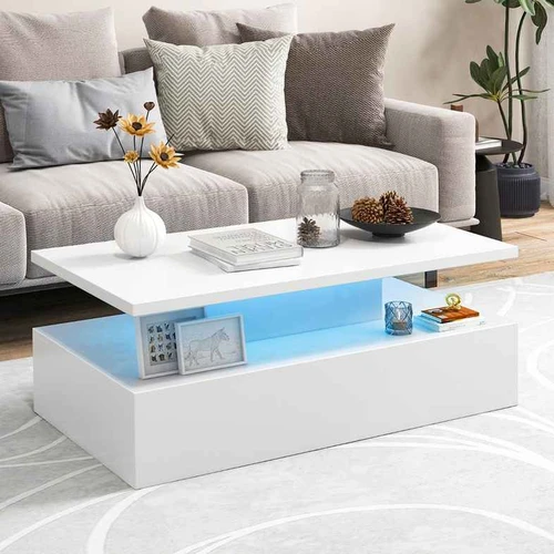 Dviejų pakopų LED kavos staliukas, 2 pakopos, Balta/juoda, 110 × 40 × 60 cm