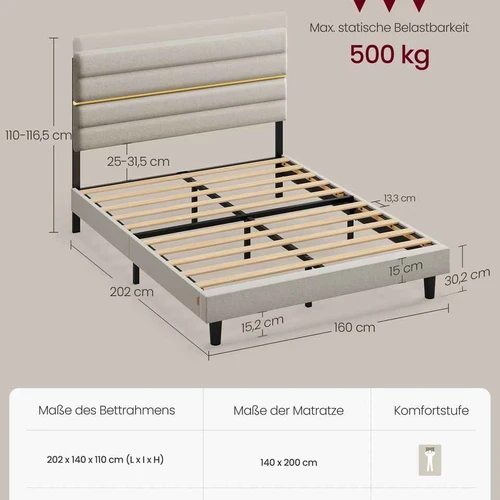 Dvigulės lovos rėmas VASAGLE RMB503G01, 160 × 110/116,5 × 202 cm - Lovos