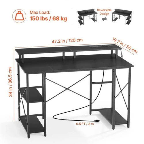 Dvipusis žaidimų stalas 120 cm su LED, maitinimu ir lentynomis, juodas - Darbo stalai